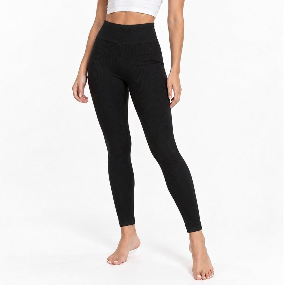 Women's Black Ribbed Leggings Size M High Waist Contrast Trim Stretch Activewear